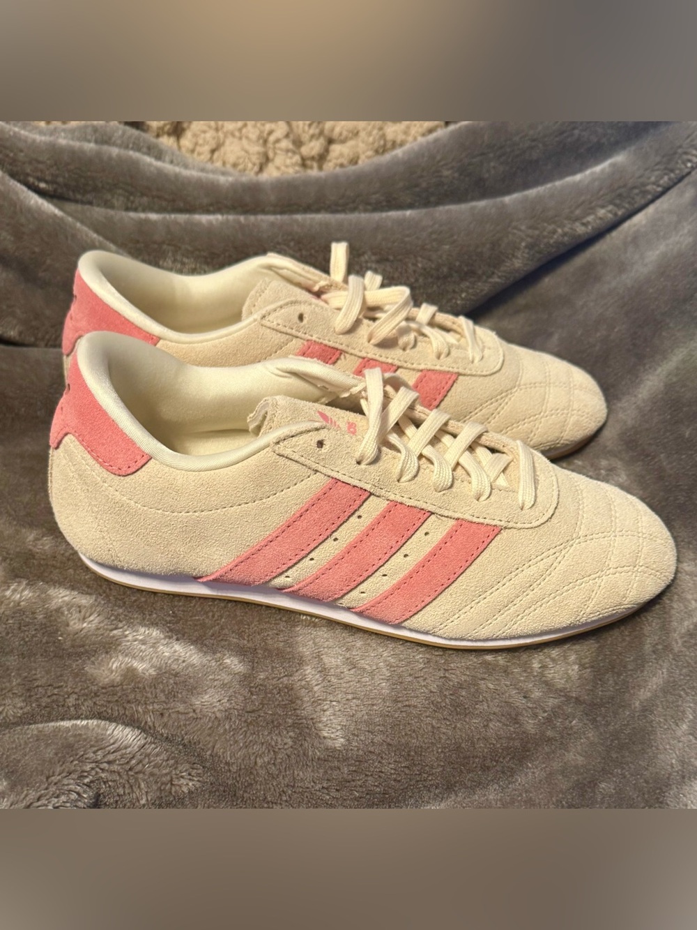 adidas Women's Cream Suede Sneakers with Pink Stripes